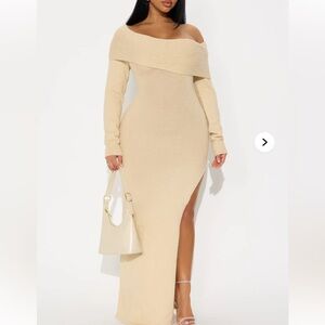 Elegant Cream Off-Shoulder Long Sleeve Dress
